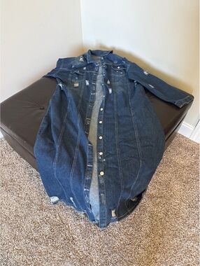 Distressed Style Long Denim Trench Coat 2XL